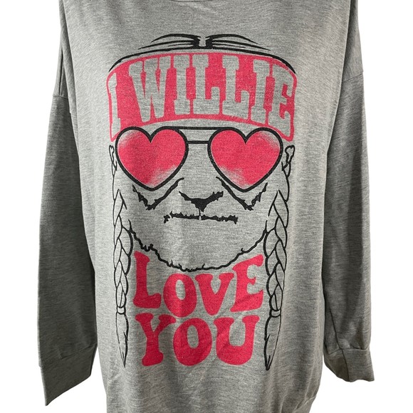 ZUTTER GRAY FRENCH TERRY "I WILLIE LOVE YOU" LONG SLEEVE TUNIC TOP LARGE - Picture 3 of 10
